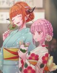  +_+ 3girls ahoge alternate_costume alternate_hairstyle aqua_kimono artist_name back_bow bangs blonde_hair blunt_bangs blurry blurry_background blush bow braid breasts closed_eyes commentary cup diagonal-striped_bow disposable_cup dragon_girl dragon_horns eyebrows_visible_through_hair fangs floral_print flower food french_braid fruit hair_flower hair_ornament hand_up holding holding_cup holding_food holding_spoon hololive hololive_english horn_bow horns ice_cream ice_cream_cup japanese_clothes kimono kiryu_coco kyou_fumei long_hair long_sleeves mori_calliope multicolored_hair multiple_girls open_mouth orange_hair pink_hair pointy_ears popsicle red_eyes sidelocks spoon stalking strawberry streaked_hair striped striped_bow takanashi_kiara tied_hair upper_body utensil_in_mouth virtual_youtuber when_you_see_it white_flower wide_sleeves 