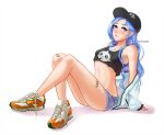  1girl bandaid bandaid_on_knee baseball_cap blue_eyes blue_hair blush borrowed_character breasts cameo crop_top denim denim_shorts english_commentary eromin full_body gen_6_pokemon hat highres jacket long_hair minah_(chaesu) new_balance off_shoulder on_ground orange_footwear original pancham pokemon shoes shorts sitting small_breasts sneakers solo twitter_username untied_footwear white_jacket 