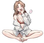  1girl absurdres bangs bare_legs barefoot blush bra breasts brown_bra brown_eyes brown_hair brown_panties butterfly_sitting cleavage collarbone commentary dress_shirt eyebrows_visible_through_hair feet fellatio_gesture full_body hand_to_own_mouth hand_up heart heart_print highres ichikawa_hinana idolmaster idolmaster_shiny_colors legs liu_chi_tiantang_fr long_hair long_sleeves looking_at_viewer medium_breasts multi-strapped_bra no_pants off_shoulder open_clothes open_mouth open_shirt panties parted_bangs print_bra print_panties saliva shiny shiny_hair shirt simple_background single_bare_shoulder sitting sleeves_past_fingers sleeves_past_wrists solo speech_bubble spoken_heart toenails toes tongue tongue_out two-tone_bra two-tone_panties underwear white_background white_bra white_panties white_shirt 