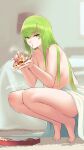  1girl bangs barefoot bed blanket blurry blurry_background c.c. cheese_trail code_geass commentary_request depth_of_field eating expressionless eyebrows_visible_through_hair food full_body green_hair highres holding holding_food indoors long_hair looking_at_viewer md5_mismatch nude pizza_box pizza_slice sawasa signature solo squatting straight_hair very_long_hair yellow_eyes 