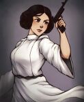  1girl arm_up blush breasts double_bun dress gradient gradient_background grey_background gun holding holding_gun holding_weapon iahfy long_sleeves princess_leia_organa_solo solo star_wars weapon white_dress wide_sleeves 