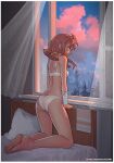  1girl arm_support artist_name ass bandaged_arm bandages bare_arms bare_legs bare_shoulders barefoot blue_eyes border bra breasts cloud commentary curtains day everlasting_summer forest highres indoors kneeling leonzo low_twintails medium_breasts medium_hair nature no_pants on_bed open_window panties patreon_username pillow red_hair short_twintails sleeveless solo tree twintails underwear underwear_only ussr-tan watermark web_address white_border white_bra white_panties window 