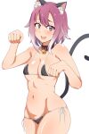  1girl animal_ear_fluff animal_ears bell bikini black_bikini blush breasts cat_ears cat_girl cat_tail choker fang highres looking_at_viewer medium_breasts micro_bikini multicolored_hair navel neck_bell open_mouth paw_pose princess_connect! purple_eyes purple_hair seihekiog short_hair solo swimsuit tail tamaki_(princess_connect!) 