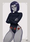  1girl belt black_hair black_leotard border bright_pupils colored_skin cowboy_shot crossed_arms forehead_jewel grey_border grey_skin highleg highleg_leotard iahfy leotard long_sleeves looking_at_viewer purple_eyes raven_(dc) short_hair signature solo teen_titans white_pupils 