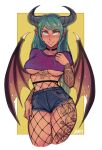  1girl aqua_hair blue_shorts breasts chain choker cowboy_shot crop_top demon_girl demon_horns demon_wings earrings fishnet_legwear fishnets green_eyes grey_horns hand_up horns iahfy jewelry long_hair looking_at_viewer o-ring o-ring_choker original parted_lips pointy_ears purple_shirt shirt short_sleeves shorts signature simple_background smile solo tattoo underboob wings yellow_background 