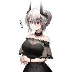  1girl arknights armband bare_shoulders black_choker black_dress blush bracelet breasts character_name choker cleavage closed_mouth collarbone commentary dress ear_piercing eyebrows_visible_through_hair grey_hair hair_bun hands_together highres horns jewelry long_hair looking_at_viewer mudrock_(arknights) oripathy_lesion_(arknights) own_hands_together piercing pointy_ears raw_egg_lent red_eyes sheer_clothes simple_background sleeveless sleeveless_dress solo translated upper_body veil white_background 