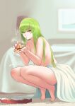  1girl absurdres bangs barefoot bed blanket blurry blurry_background c.c. cheese_trail code_geass commentary_request depth_of_field eating expressionless eyebrows_visible_through_hair food full_body green_hair highres holding holding_food indoors long_hair looking_at_viewer md5_mismatch nude pizza_box pizza_slice sawasa signature solo squatting straight_hair translated very_long_hair yellow_eyes 