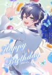  1boy ;d aqua_eyes astel_leda blue_hair blurry blurry_background bug butterfly dated from_behind happy_birthday highres holostars insect looking_at_viewer looking_back male_focus multicolored_hair nail_polish one_eye_closed open_mouth smile solo streaked_hair virtual_youtuber w xmayo0x 