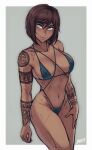  1girl avatar_(series) bikini black_bikini blush breasts breasts_apart brown_hair cowboy_shot dark-skinned_female dark_skin grey_background grey_eyes iahfy korra large_breasts navel short_hair signature simple_background smile solo swimsuit tattoo the_legend_of_korra toned 