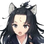  1girl animal_ears arknights black_hair black_kimono brown_eyes chinese_commentary commentary_request dog_ears dog_girl eyebrows_visible_through_hair face facial_mark fang forehead forehead_mark japanese_clothes kimono long_hair looking_at_viewer open_mouth portrait renren_(ah_renren) saga_(arknights) simple_background skin_fang solo topknot white_background 