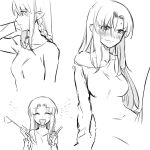  1girl :d blush braid breasts closed_eyes collarbone dress eyebrows_visible_through_hair fate/stay_night fate_(series) full-face_blush greyscale holding holding_ladle ladle long_dress long_sleeves medea_(fate) medium_breasts monochrome multiple_views off_shoulder open_mouth pointy_ears rasupekuto side_braid single_bare_shoulder smile sweatdrop 