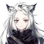  1girl animal_ears arknights black_jacket chinese_commentary closed_mouth commentary_request eyebrows_visible_through_hair face forehead grey_eyes hair_ornament hairclip high_collar jacket lappland_(arknights) long_hair looking_at_viewer renren_(ah_renren) scar scar_across_eye shoulder_strap simple_background smile solo upper_body white_background white_hair wolf_ears wolf_girl 