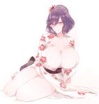  1girl autumn_leaves bed_sheet black_ribbon breasts bura cleavage eyebrows_visible_through_hair floral_print hair_between_eyes hand_on_leg highres huge_breasts indoors japanese_clothes kimono light_smile lips long_sleeves mature_female open_clothes open_kimono purple_hair red_eyes ribbon solo sweat thick_thighs thighs touhou tsurime white_kimono wide_hips wide_sleeves yasaka_kanako 