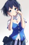  1girl alternate_costume blue_eyes blue_hair closed_mouth hands_on_own_face highres honkai_(series) honkai_impact_3rd looking_at_viewer looking_to_the_side school_uniform seele_vollerei seele_vollerei_(swallowtail_phantasm) shadow simple_background smile solo tattoo uniform white_background yuyu_guantou_(marky) 
