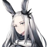  1girl animal_ear_fluff animal_ears arknights blue_eyes bunny_ears chinese_commentary closed_mouth coat commentary_request disdain forehead frostnova_(arknights) frown grey_hair hair_ornament hairclip long_hair looking_at_viewer renren_(ah_renren) scar scar_on_face scar_on_nose simple_background solo upper_body white_background white_coat 