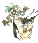  1girl bangs bare_shoulders blush book breasts dress elbow_gloves eyebrows_visible_through_hair fire_emblem fire_emblem_echoes:_shadows_of_valentia fire_emblem_heroes full_body fur_trim gloves green_eyes green_hair haru_(hiyori-kohal) highres holding holding_book long_dress long_skirt looking_away medium_breasts official_art open_mouth shiny shiny_hair skirt sleeveless solo tatiana_(fire_emblem) torn_clothes torn_gloves torn_skirt transparent_background white_gloves 