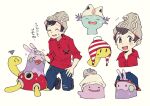  1boy :d bangs beanie blush brown_eyes brown_footwear brown_hair cable_knit closed_eyes commentary_request gen_2_pokemon gen_6_pokemon goomy grey_headwear hat hatted_pokemon headpat kneeling looking_at_viewer male_focus newo_(shinra-p) notice_lines open_mouth pokemon pokemon_(creature) pokemon_(game) pokemon_swsh red_shirt shirt shoes shuckle sleeves_rolled_up smile squiggle sweatdrop swept_bangs translated victor_(pokemon) wooper 