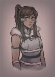  1girl avatar_(series) black_hair blush fur_trim gradient gradient_background grey_eyes iahfy korra long_hair muted_color ponytail sidelocks signature sleeveless solo the_legend_of_korra upper_body 