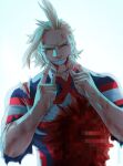  1boy all_might battle_damage blonde_hair blood bloody_clothes boku_no_hero_academia bruise censored closed_eyes facing_viewer grin guro hands_up highres injury male_focus mosaic_censoring shirt smile solo torn_clothes torn_shirt trevo_(trevoshere) upper_body yagi_toshinori 