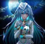  1girl aqua_hair blue_eyes blue_hair blurry blurry_background breasts colored_inner_hair commission hair_between_eyes hat long_hair looking_at_viewer medium_breasts military military_uniform multicolored_hair phantasy_star phantasy_star_online_2 planet solo uniform upper_body zeri_(zeristudio) 