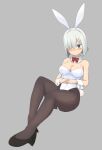  1girl animal_ears black_footwear black_legwear blue_eyes blush bow bowtie breasts bunny_ears cleavage detached_collar fake_animal_ears grey_background hair_ornament hair_over_one_eye hairclip hamakaze_(kancolle) hands_clasped high_heels invisible_chair kantai_collection kugui_kiyunemu large_breasts leotard nose_blush own_hands_together pantyhose playboy_bunny red_neckwear short_hair silver_hair simple_background sitting solo strapless strapless_leotard white_leotard wrist_cuffs 