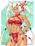  1girl abs black_nails breasts collar cowboy_shot criss-cross_halter dark-skinned_female dark_skin etchimune fundoshi glasses hachimaki hair_between_eyes halterneck headband highleg highres japanese_clothes kantai_collection kouhaku_nawa large_breasts musashi_(kancolle) neckwear platinum_blonde_hair rectangular_eyewear red_eyes red_fundoshi rope sarashi semi-rimless_eyewear serious shide shimenawa solo standing tassel twintails underwear underwear_only 