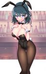  1girl absurdres animal_ears bar bare_shoulders black_neckwear blue_eyes blue_hair blush bow bowtie breasts brown_legwear bunny_ears bunny_tail byleth_(fire_emblem) byleth_(fire_emblem)_(female) cleavage commentary_request detached_collar eyebrows_visible_through_hair fake_animal_ears fake_tail fire_emblem fire_emblem:_three_houses hair_between_eyes highres ichi-jirushi large_breasts looking_at_viewer low_neckline open_mouth pantyhose playboy_bunny plunging_neckline short_hair solo standing tail thigh_gap 