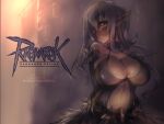  1girl bangs black_shirt blush breasts brown_eyes cape choker cleavage commentary copyright_name detached_sleeves deviantart_username english_commentary eyebrows_visible_through_hair fur-trimmed_cape fur-trimmed_sleeves fur_trim grey_hair hair_between_eyes highres large_breasts long_hair looking_at_viewer pointy_ears ragnarok_online revealing_clothes shirt signature solo stalker_(ragnarok_online) upper_body waist_cape zerion 