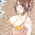  1girl akzk_kh beach blue_eyes breasts brown_hair cleavage final_fantasy final_fantasy_x green_eyes heterochromia highres open_mouth short_hair solo swimsuit yuna_(ff10) 