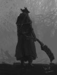  1other ambiguous_gender bloodborne boots capelet coat from_behind gloves greyscale hat highres holding hunter_(bloodborne) monochrome saw_cleaver sketch solo standing tree tricorne tripdancer weapon 