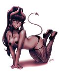  1girl bangs black_footwear black_hair black_pants breasts cleavage colored_skin demon_girl demon_tail fishnet_legwear fishnets high_heels horns iahfy long_hair medium_breasts monochrome original pants parted_lips pasties pointy_ears ponytail red_skin shadow smile solo synth_(iahfy) tail 