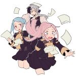  1boy 2girls alternate_costume black_gloves blue_hair blush bow buttons closed_eyes crying crying_with_eyes_open do_m_kaeru epaulettes eyebrows_visible_through_hair facepalm felicia_(fire_emblem) fire_emblem fire_emblem:_three_houses fire_emblem_fates flora_(fire_emblem) forehead garreg_mach_monastery_uniform gloves grey_eyes grey_hair hair_bow holding holding_paper jakob_(fire_emblem) long_hair long_sleeves miniskirt multiple_girls open_mouth paper pink_hair ponytail siblings simple_background sisters skirt sweatdrop tears twins twitter_username uniform white_background 