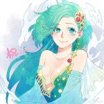  1girl anniversary breasts cleavage closed_mouth detached_sleeves earrings final_fantasy final_fantasy_iv green_eyes green_hair hair_ornament jewelry long_hair looking_at_viewer lowres older rydia satoo smile solo 