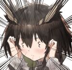  1girl 3_3 antenna_hair arknights bangs blush brown_eyes brown_hair commentary feather_hair hair_between_eyes long_sleeves no_eyewear pointy_hair portrait raw_egg_lent short_hair silence_(arknights) solo white_background 