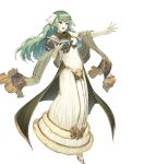  1girl bangs bare_shoulders blush book breasts dress elbow_gloves eyebrows_visible_through_hair fire_emblem fire_emblem_echoes:_shadows_of_valentia fire_emblem_heroes full_body fur_trim gloves green_eyes green_hair hair_ornament haru_(hiyori-kohal) highres holding holding_book long_dress long_skirt looking_away medium_breasts official_art open_book open_mouth shiny shiny_hair skirt sleeveless solo tatiana_(fire_emblem) transparent_background white_gloves 
