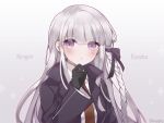  1girl bangs black_gloves black_jacket black_ribbon braid brown_neckwear character_name danganronpa:_trigger_happy_havoc danganronpa_(series) eyebrows_visible_through_hair gloves gradient gradient_background grey_background grey_hair hair_ribbon hand_on_own_chin hand_up highres jacket kaoruru_(sakuno2911) kirigiri_kyouko long_hair looking_at_viewer necktie purple_eyes ribbon shirt side_braid smile solo twitter_username upper_body white_shirt 