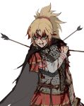  1girl absurdres alternate_costume arm_at_side armor arrow_in_armor black_cape blonde_hair blood blood_on_face cape fate_(series) green_eyes grimace highres injury jason_kim mordred_(fate) mordred_(fate)_(all) red_scrunchie red_skirt scrunchie shoulder_grab sketch skirt smirk solo sword weapon white_background 