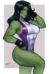  1girl abs arm_up biceps black_hair border breasts colored_skin covered_navel feet_out_of_frame green_eyes green_skin grey_background hand_on_hip iahfy large_breasts leotard long_hair looking_at_viewer marvel muscular muscular_female she-hulk simple_background solo white_border 