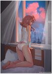  1girl arm_support artist_name ass bandaged_arm bandages bare_arms bare_shoulders barefoot blue_eyes border breasts cloud curtains day everlasting_summer forest grey_tank_top highres kneeling leonzo low_twintails medium_breasts medium_hair nature no_pants on_bed open_window panties patreon_username pillow red_hair short_twintails sleeveless solo tank_top tree twintails underwear ussr-tan watermark web_address white_border white_panties window 