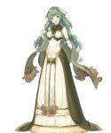 1girl bangs bare_shoulders blush breasts dress elbow_gloves eyebrows_visible_through_hair fire_emblem fire_emblem_echoes:_shadows_of_valentia fire_emblem_heroes full_body fur_trim gloves green_eyes green_hair hair_ornament hand_up haru_(hiyori-kohal) head_tilt highres long_dress looking_at_viewer medium_breasts official_art open_mouth shiny shiny_hair sleeveless smile solo standing tatiana_(fire_emblem) transparent_background white_gloves 