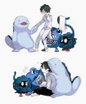  1boy bangs barefoot black_hair black_pants blush buttons closed_eyes collared_shirt commentary_request gen_1_pokemon gen_2_pokemon hand_up holding holding_hand holding_towel long_sleeves male_focus multiple_views newo_(shinra-p) pajamas pants pokemon poliwhirl quagsire shirt short_hair simple_background sitting sleepy standing tangela toes towel white_background white_pants white_shirt 
