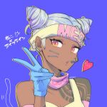  1girl :3 apex_legends arm_tattoo blue_background blue_gloves breasts brown_eyes bungaw cleavage dark-skinned_female dark_skin detached_sleeves double_bun gloves hair_behind_ear head_tilt headset heart highres lifeline_(apex_legends) pursed_lips solo tank_top tattoo v white_hair yellow_headband yellow_tank_top 