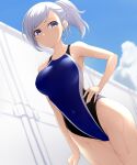  1girl blue_sky blue_swimsuit breasts cloud collarbone commentary_request competition_swimsuit covered_navel cowboy_shot grey_eyes hand_on_hip highres large_breasts long_hair looking_at_viewer one-piece_swimsuit original pataneet ponytail silver_hair sky solo swimsuit wet 