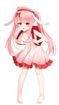  1girl :d animal_ears backpack bag banned_artist bare_arms bare_shoulders barefoot beret blush bow bunny_ears commentary cp00 dress facial_mark frilled_dress frills full_body hair_bow hat heart heart-shaped_pupils highres legs long_hair looking_at_viewer open_mouth original pink_hair pleated_dress randoseru red_bow red_eyes sidelocks simple_background sleeveless sleeveless_dress smile solo standing symbol-shaped_pupils twintails very_long_hair white_background white_dress white_headwear 