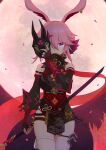  1girl absurdres animal_ears fox_ears fox_mask highres holding holding_weapon honkai_(series) honkai_impact_3rd katana looking_at_viewer mask moon night night_sky ninja petals pink_hair purple_eyes red_moon sky solo sword tian_shrimp weapon yae_kasumi yae_sakura yae_sakura_(darkbolt_jonin) 