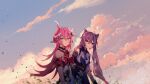  2girls :/ asymmetrical_clothes bare_shoulders blue_eyes blush cloud cloudy_sky company_connection crossover evening genshin_impact highres honkai_(series) honkai_impact_3rd horns jin_yun keqing_(genshin_impact) long_hair looking_at_viewer mihoyo_technology_(shanghai)_co._ltd. multiple_girls pink_hair purple_eyes purple_hair rozaliya_olenyeva single_horn sky smile twintails 