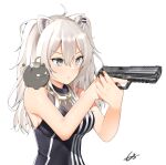  1girl ahoge aiming animal_ears bangs black_nails black_shirt breasts cleavage ear_piercing fingernails grey_eyes gun h&amp;k_hk45 hair_between_eyes handgun holding holding_gun holding_weapon hololive impossible_clothes impossible_shirt jewelry large_breasts lion_ears long_hair looking_away mocacoco339 nail_polish necklace piercing pistol see-through shirt shishiro_botan silver_hair simple_background skin_tight sleeveless sleeveless_shirt ssrb two_side_up upper_body virtual_youtuber weapon white_background 