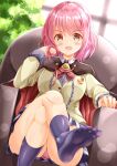  1girl :d armchair bangs blush braid brown_cape brown_eyes brown_jacket cape chair collared_shirt commentary_request crossed_legs eyebrows_visible_through_hair hair_between_eyes highres hoshizaki_akari indoors jacket long_sleeves no_shoes on_chair ongeki open_mouth panties pink_hair pink_panties pleated_skirt purple_legwear purple_skirt red_cape shirt sitting skirt smile socks soles solo underwear v-shaped_eyebrows white_shirt window zenon_(for_achieve) 