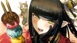  +_+ 1girl :d artist_name bangs black_gloves black_hair blunt_bangs blush cat dango drooling eyeshadow food gloves green_eyes hair_ornament hand_on_own_cheek hand_on_own_face hinoa long_hair looking_at_viewer makeup making-of_available melynx monster_hunter_(series) monster_hunter_rise nkyoku open_mouth pointy_ears red_eyeshadow saliva smile teeth wagashi 