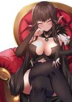  1girl bangs bare_shoulders black_dress black_legwear blush breasts bridal_gauntlets brown_hair chair cleavage crossed_legs detached_sleeves dress fate/apocrypha fate_(series) fur_trim gold_trim highres large_breasts long_hair looking_at_viewer pointy_ears semiramis_(fate) sidelocks sitting slit_pupils smile solo spider_apple thighhighs thighs very_long_hair yellow_eyes 